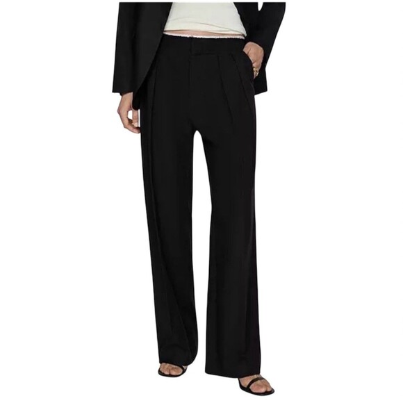 MNG by Mango Black Pleated Trouser Pants Womens 8 Contrast Trim Wide Leg Hi Rise - Picture 3 of 12